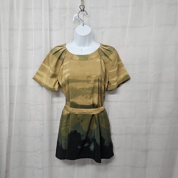 Simply Vera Vera Wang Blouse Green Grunge Ombre Pleated Belted 4 - Picture 1 of 10